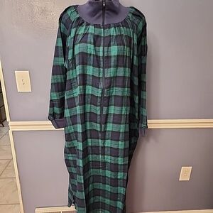 Anthony Richards LARGE Green Navy Plaid Flannel Mock-Neck Nightgown 1/4 Zip